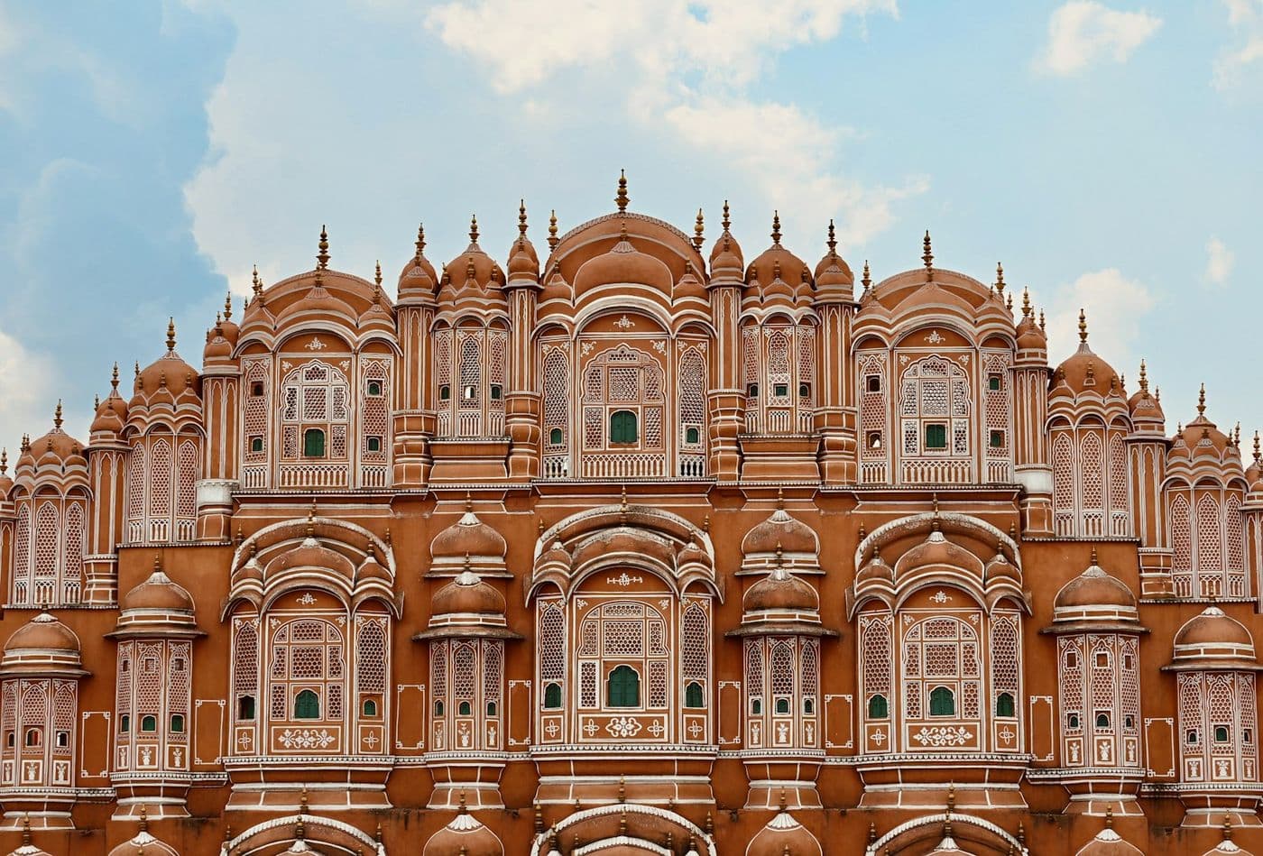 The symmetrical facade of Hawa Mahal, a landmark of Jaipur, Rajasthan